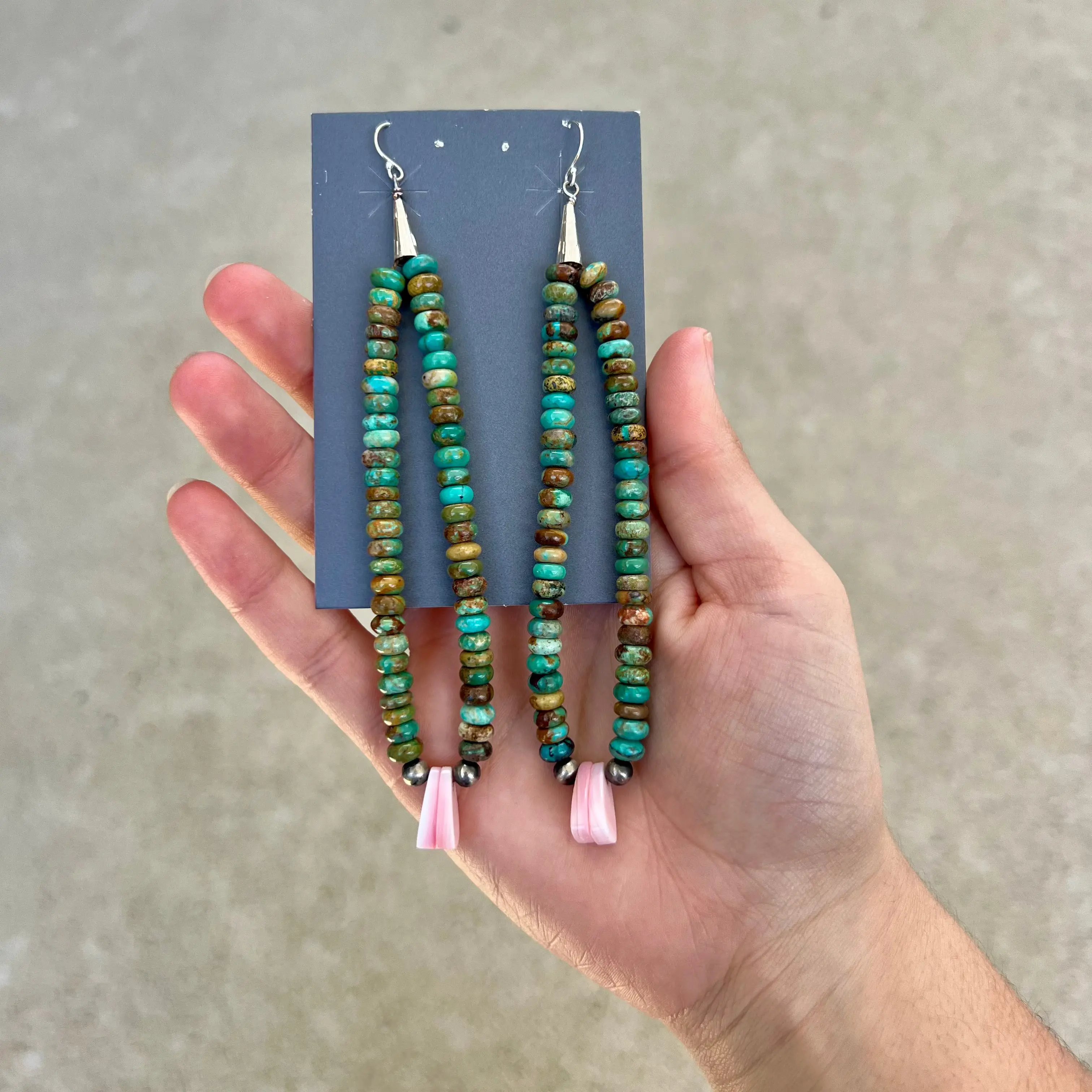 Genuine Turquoise Rondelles, Navajo Pearl, and Pink Conch Earrings