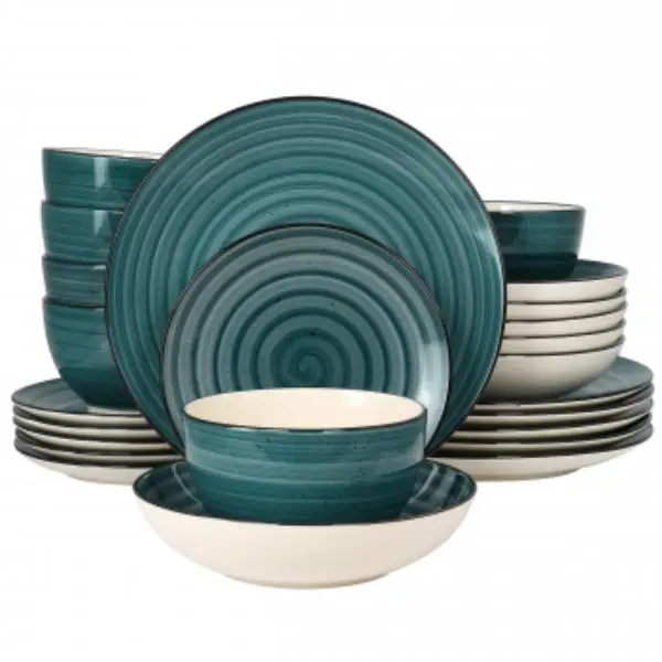 Gia 24-Piece Round Dinnerware Set - Dark Green - Hand-Painted Design