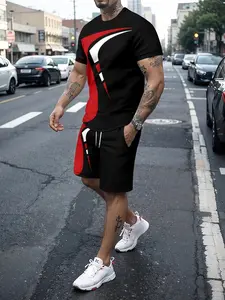 Men's Plus Size Two-Piece Set, Casual Fashion Print Sportswear, Athleisure Wear, Athletic Wear, Round Neck Sweatshirt & Pocket Drawstring Shorts, All Seasons
