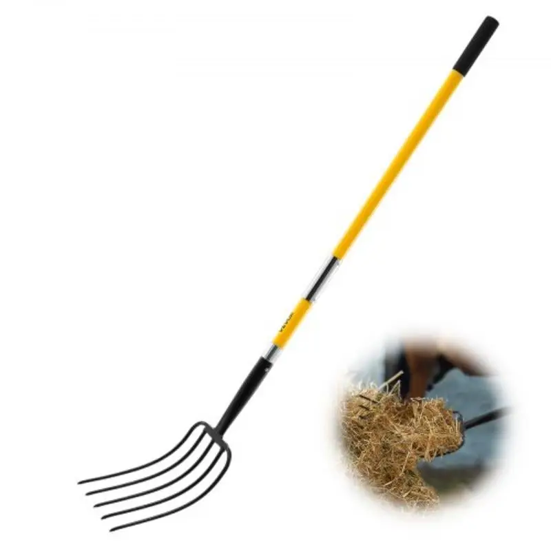 Vevor HYCGCCGC5C1JW77SH001V0 Garden Fork - 5-Tine Gardening Pitchfork with Fiberglass Handle - 57 in. Heavy Duty Digging Fork with Y Grip - Forged Steel Spading Fork