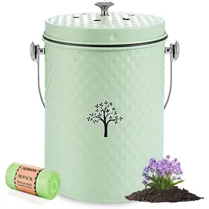 Countertop Odorless Indoor Compost Bin with Lid for Kitchen, 50 Pack Compost Bags Included, Green Composter Bucket Container for Food Waste