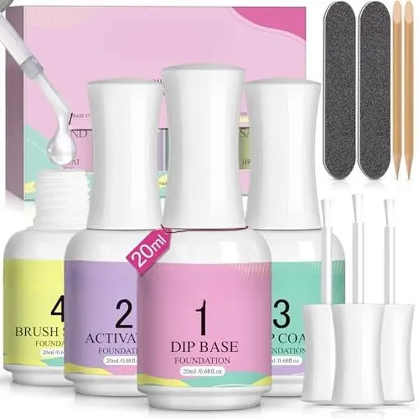 Dip Powder Liquid Set: 20 ml Ultimate Nail Dip System Essentials Liquid Large Capacity Dipping Base Activator Top Coat Brush Saver No Curing Needed for DIY Home Manicure