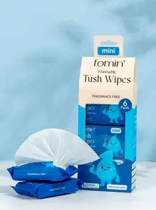 Fomin Mini Flushable Tush Wipes, 6 Pack (10 Count) Fragrance Free, 100% Plant-Based Fibers, Travel Size Wet Wipes, Pocket Packs for On-the-Go Freshness, Flushable Bathroom Wipes