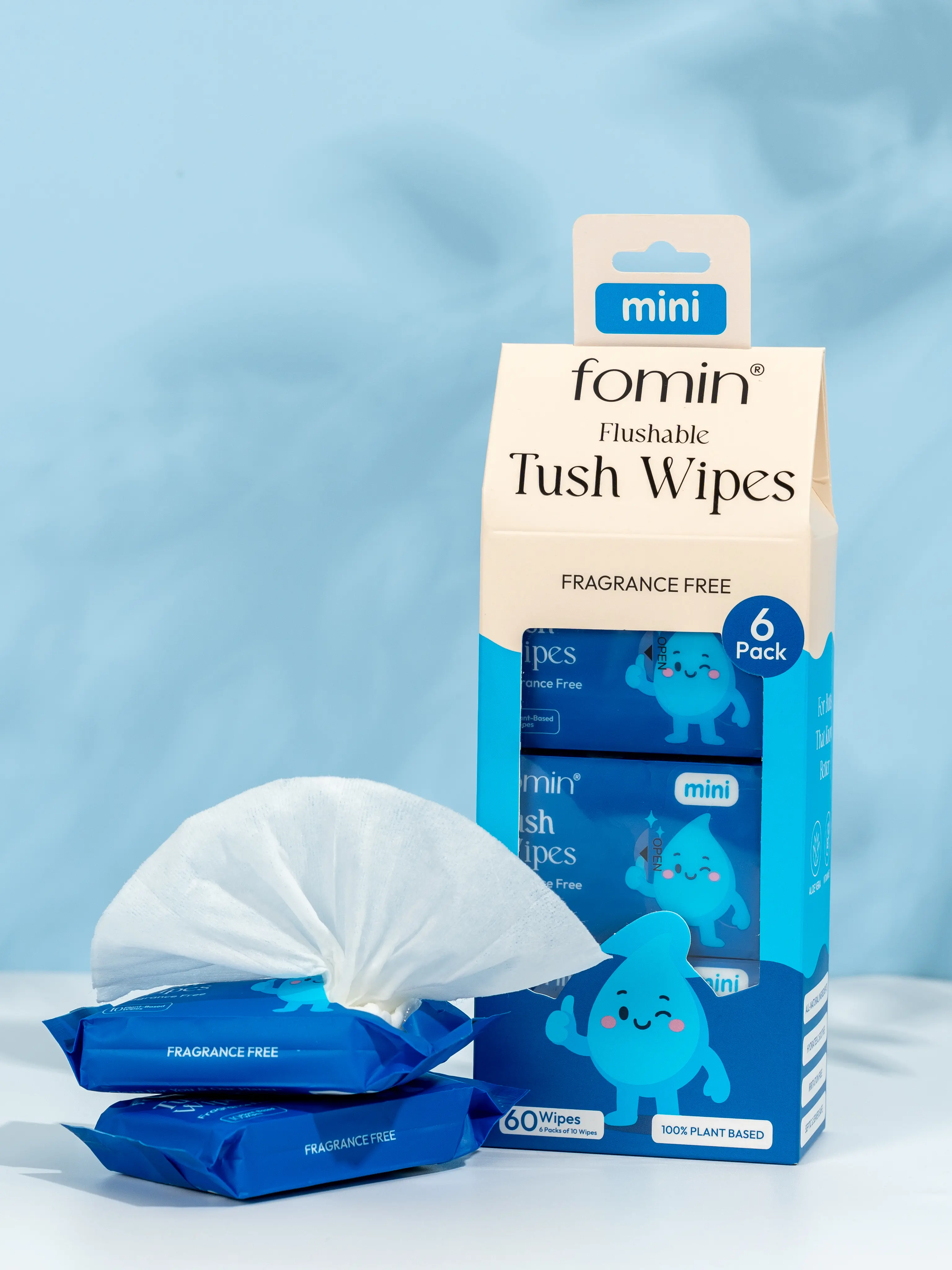 Fomin Mini Flushable Tush Wipes, 6 Pack (10 Count) Fragrance Free, 100% Plant-Based Fibers, Travel Size Wet Wipes, Pocket Packs for On-the-Go Freshness, Flushable Bathroom Wipes
