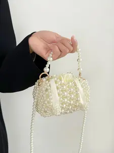 Sweet Pearl Crossbody Bag, High Aesthetic Women's Hollow Bead Handbag, Elegant Round Bucket Bag, All Seasons Fashion Accessory