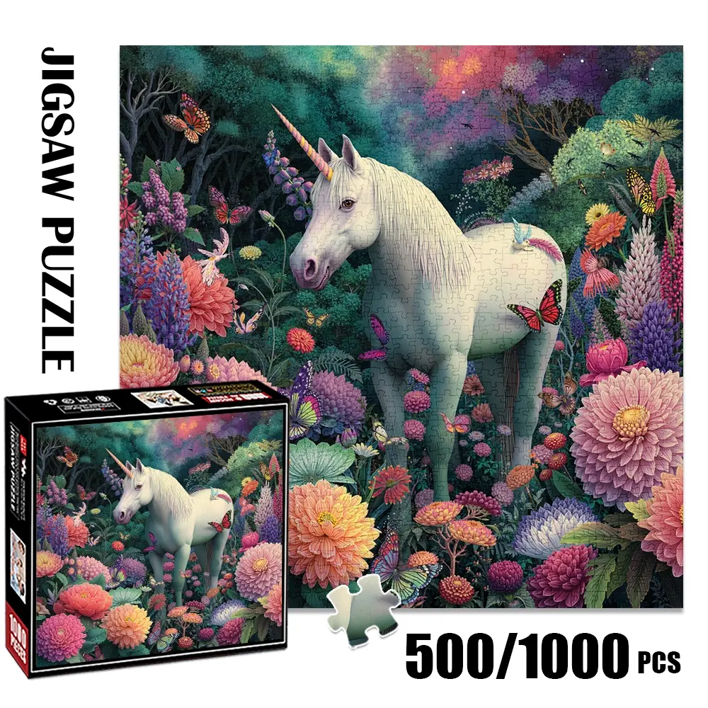 1pc 1000 piece adult puzzle 58x58cm Unicorn in Floral Garden with Butterflies 500 pieces of paper puzzle, suitable for adults and families, large-scale DIY puzzle interactive toy games, birthday ho