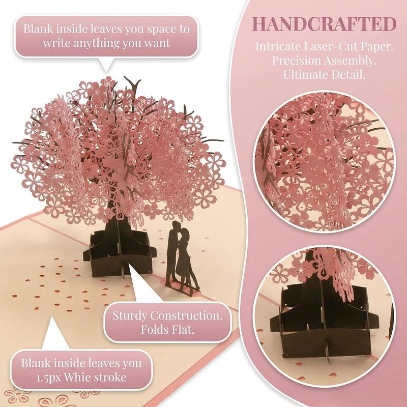 Handmade Cherry Blossom Card Pop Up 3D Flower Romantic Love Letter Greeting Anniversary Wedding Valentine Birthday Gift Card Blank Stationery Paper for Her Him Husband Wife