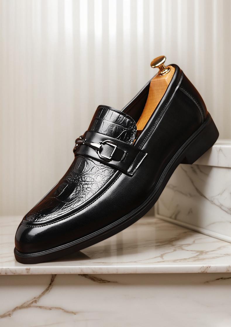 Men's Black Croc-Embossed Buckle Strap Loafers, Formal Slip-On Leather Shoes86392