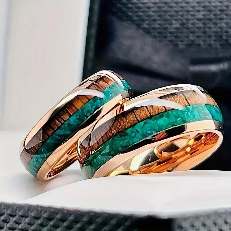 Curved Epoxy Stainless Steel Inlaid Malachite Acacia Wood Ring, 8Mm Wide Men'S Stainless Steel Ring, Anniversary, Valentine'S Day Anniversary Gift, The Best Gift for Your Partner Or Friend, Acacia Rings, Anti-Rust Steel Rings