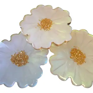 Iridescent Flower Resin Coasters – Set of 3 with Gold Crushed Centers