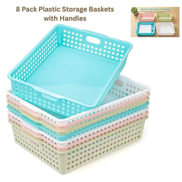 8 Pack Plastic Storage Baskets with Handles, Classroom Storage Bins, Colorful Organizer Baskets, Shelf Organizers for School Supplies, Home Office, Teacher Classroom Organization