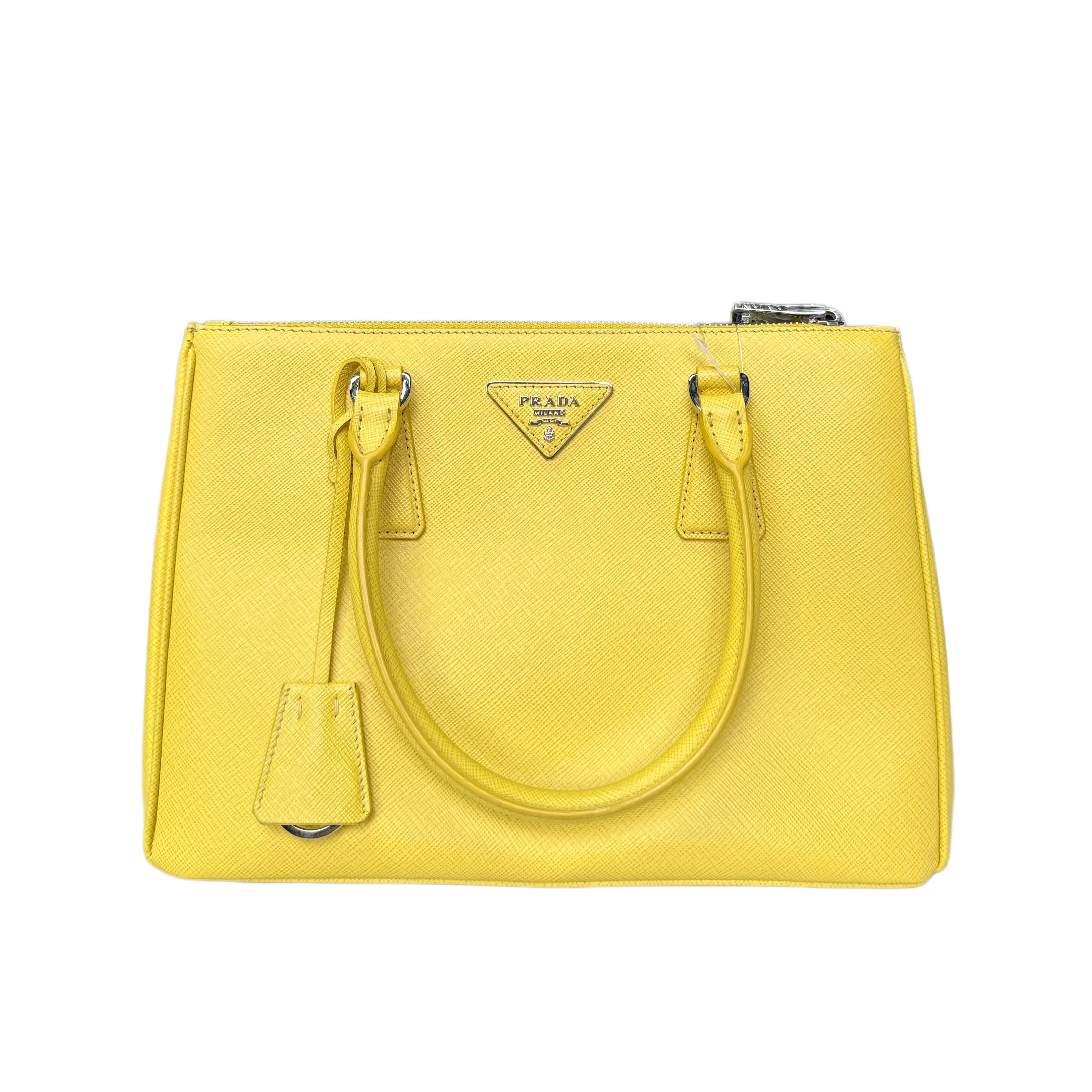 Pre-owned PRADA . tote bags Galleria Medium 28CM Tote Bag Bright Yellow Saffiano Leather Silver Triangle Logo Double Top Handle Crossbody Handbag For Women