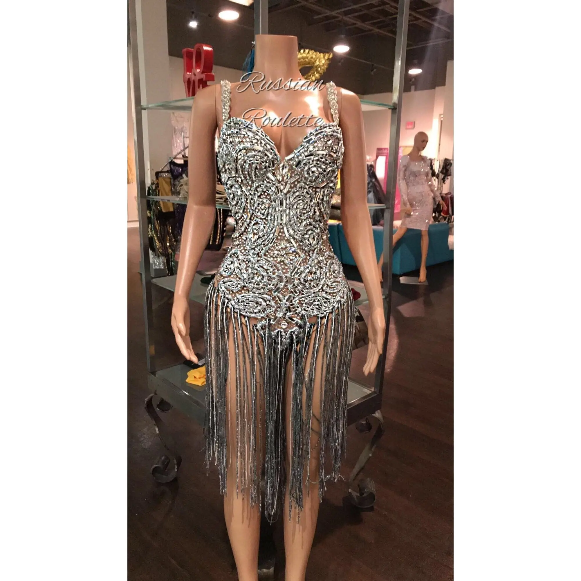 Hand beaded leotard dress silver