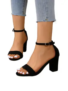 Women's Mid Heel Open Toe Chunky Heel Dress Anklet Pump Sandals, Summer Simple Elegant Artificial Fur Plain Wedding Shoes