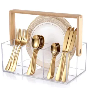 Clear Acrylic Utensil Caddy with Handle, 4-Compartment Silverware Holder for Forks, Spoons, Knives & Plates, Portable Kitchen Organizer Caddy for Countertop & Parties