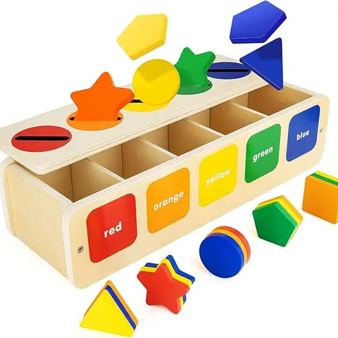 Montessori Toys Wooden Color & Shape Sorter Toys for Toddlers, Matching Box Sorting Blocks Manipulatives Preschool Learning Educational Toy for 1 - 3 Year Old Boy Girl Kid Gifts