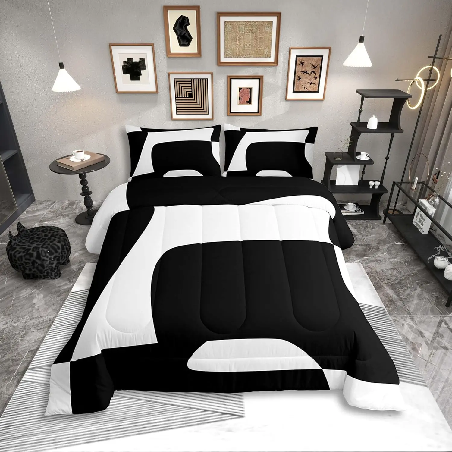 Black and White Abstract Bedding Sets for Adult Women Men Boho Geometric Striped Comforter Set Minimalist Modern Art Quilt Duvet Set Simple Aesthetic Modern Bed Collections