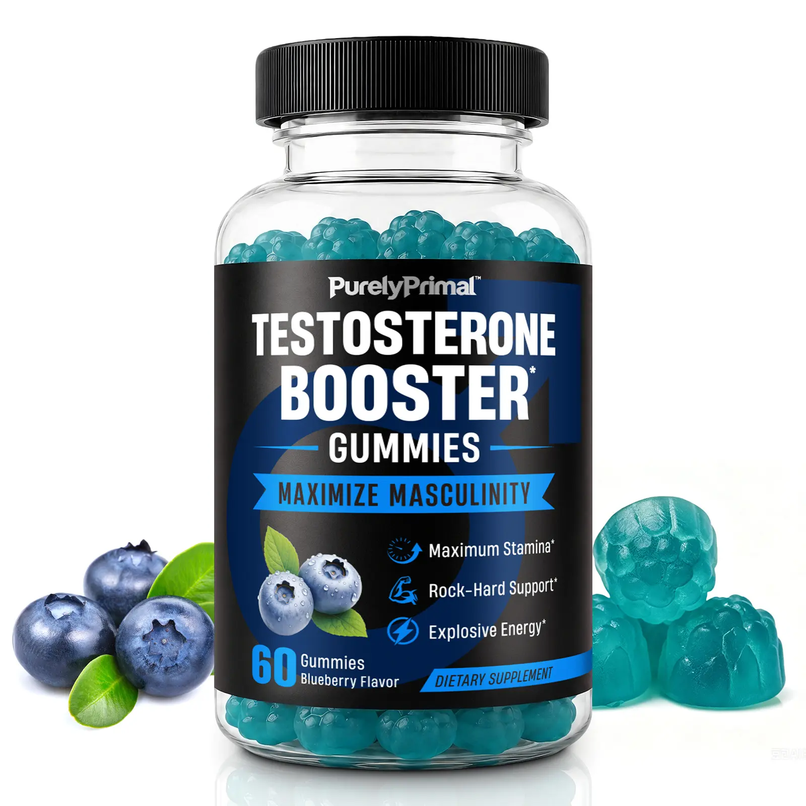 PurelyPrimal Testosterone Booster Gummies, Male Performance Support, Supports Strength & Stamina, Blue Berry Chews, 60 Count