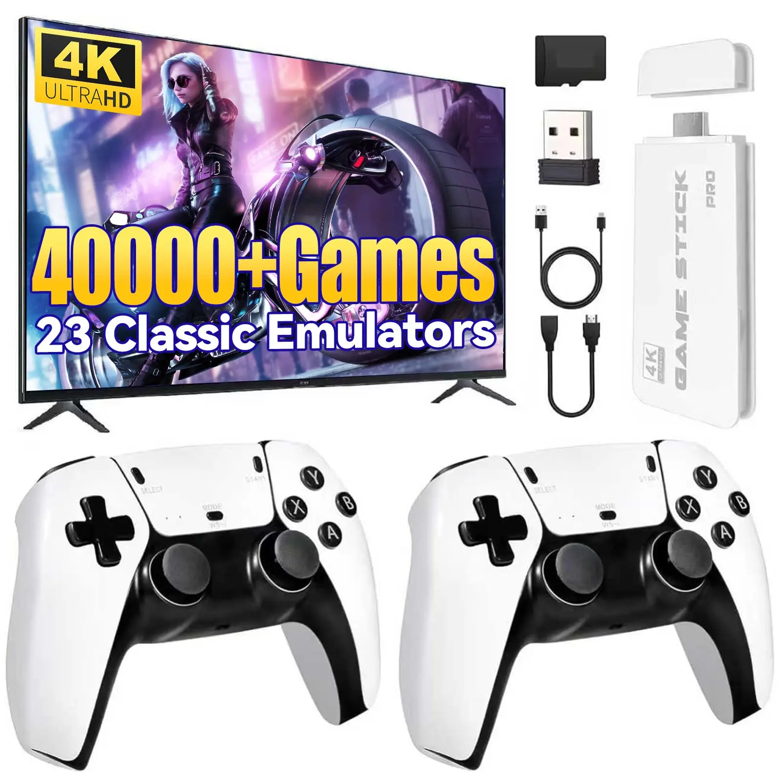 4K Retro Gaming Console Stick, Video Game System with 64GB Storage, Plug and Play TV Game Stick, 2.4GHz Wireless Controllers, HDMI Port & Cable, Retro Video Games Console for Home, Projector, Monitor,Teens & Adults