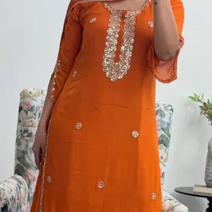 Gorgatte Fancy Orange Kurta Set with Pipe and Foil Embroidery 3 Piece Traditional Indian Wear for Women