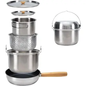Camping Cookware Set 304 Stainless Steel Campfire Cooking Pots Pan and Kettle with Travel Tote Bag for Camping Outdoor Kitchen Cooking Picnic for 4-6