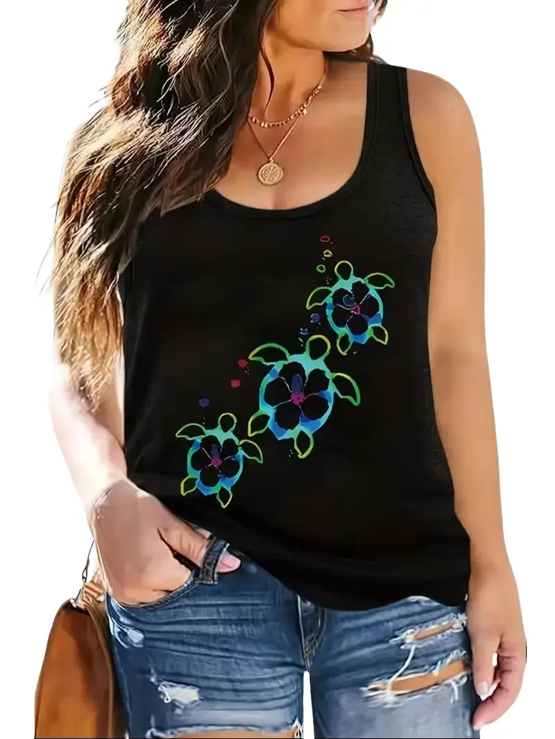 Women's Colorful Ocean Paradise Watercolor Sea Turtle-Hibiscus Print Racerback Fit Sleeveless Casual Beach White Tank Top, Sea Turtles