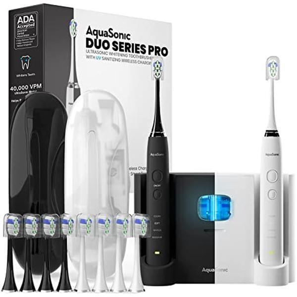 Aquasonic Duo Series Pro UltraSonic Toothbrush with UV Sanitizing & Wireless Recharging Base - Midnight Black & Optic White - Color, Waterproof