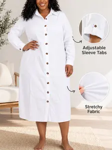 Plus Size White Collared Long Sleeve Button Shirt Dress – Summer Basic Casual Womenswear, Comfortable and Slim Fit, Essential for Everyday Wear