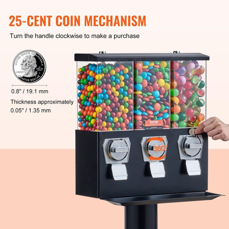 VEVOR Commercial Vending Machine, TikTokShopBlackFriday, Triple Compartment Candy Dispenser with Iron Stand, Gumball and Candy Machine for Business, Coin Operated Gumball Bank for Toy Capsules Bouncy Balls Candy Nut, Red