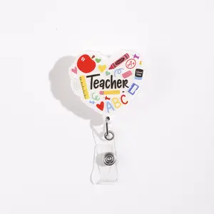Heart-Shaped Teacher Retractable Badge Reel, Includes Apple & School Elements, Transparent Card Holder, Perfect Gift for Teachers