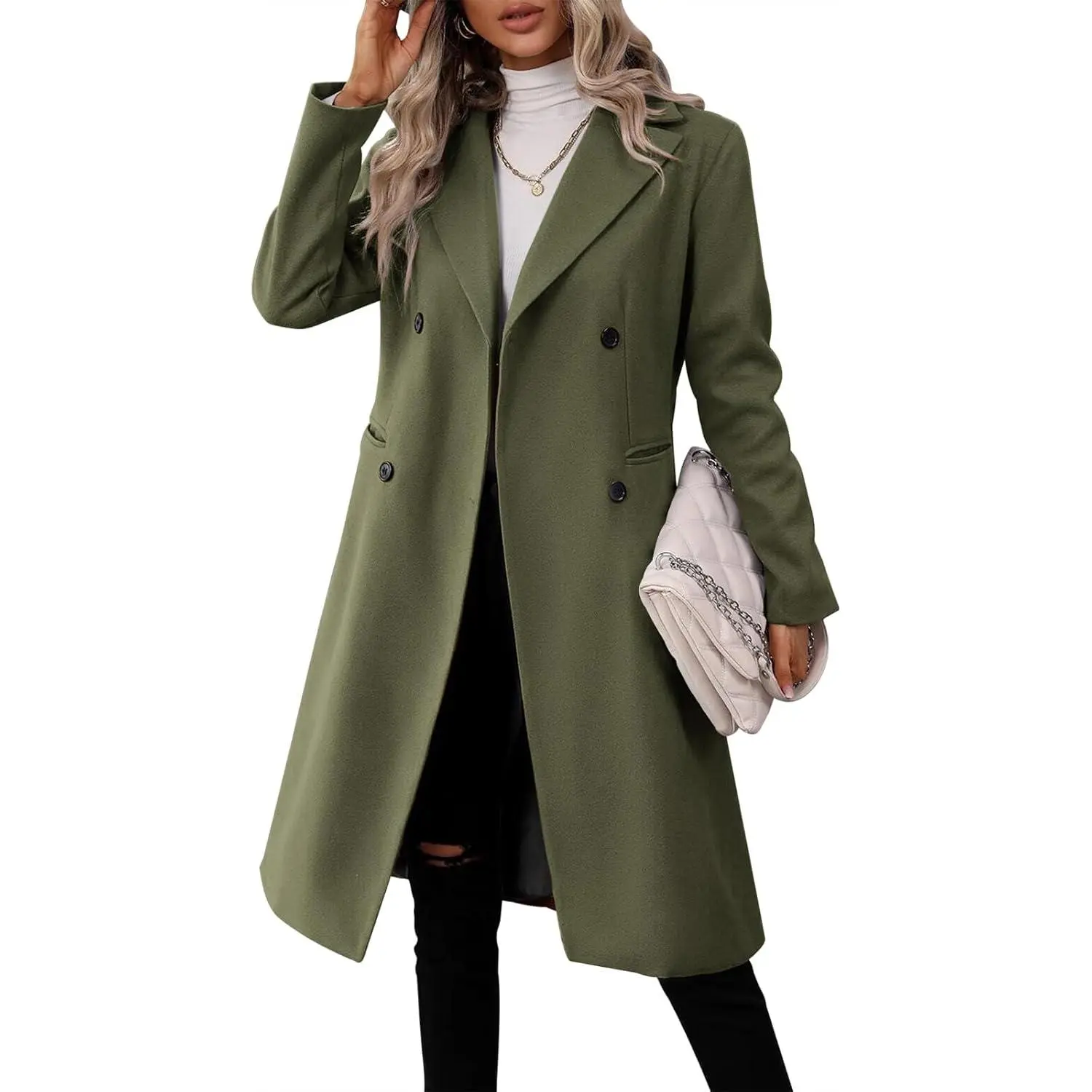 Women's Long-Sleeve Double-Breasted Lapel Collar Pea Coat - Winter Slim-Fitted Fashion Jackets, Casual Style Outerwear for Layering Outfits, Lady, Fits Most Women, Holiday, Chic