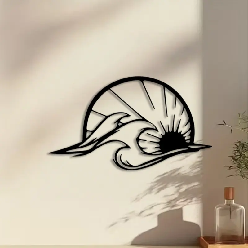 1pc Oceanic Sun & Wave Metal Wall Art, Oceanic Sun & Wave Statue Mural, Perfect for Nautical Room Wall, Housewarming Decor, Ideal Gift for Divers, Fluid Metal