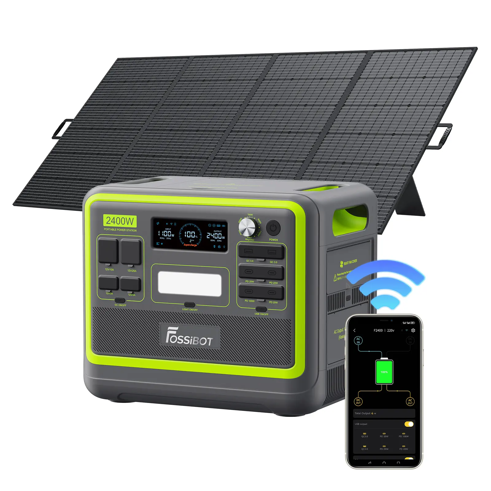FOSSiBOT F2400 Portable Power Station with Panel, (4800W Peak) generador eléctrico portátil 2048Wh LiFePO4 Battery Solar Generator with 1100W AC,APP Control,1.5H Fast Charging for Home,Camping,RV