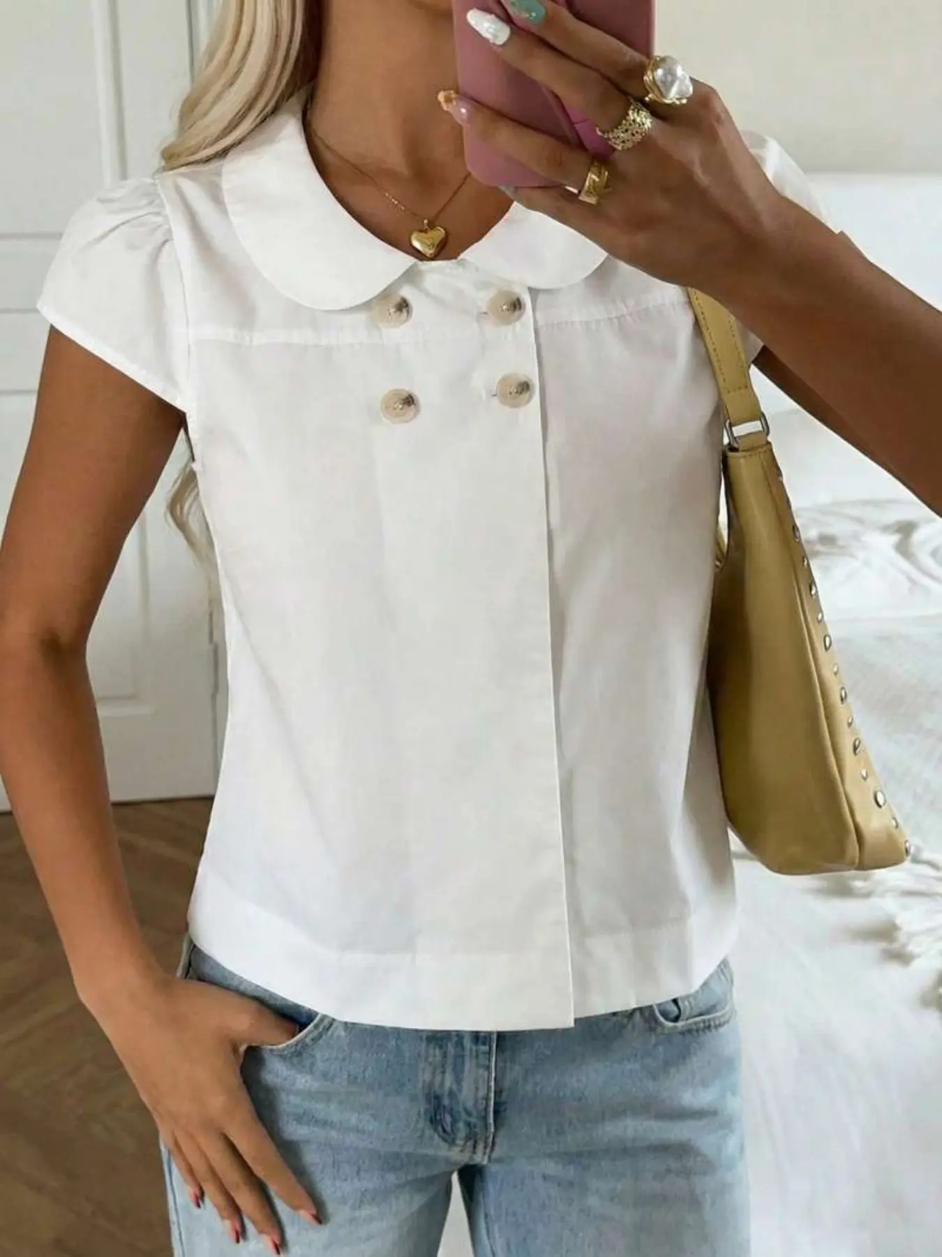 Simple Solid Color Peter Pan Collar Top, Women's Double Button Short Sleeve Short Dress Shirt, Blouse, Elegance Versatile Casual Office Wear, Easy to Match