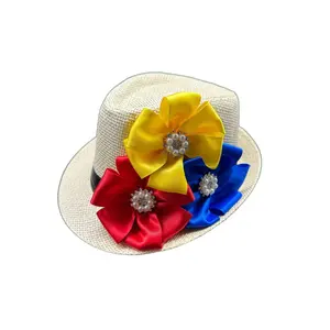 Colombian, Venezuelan and Ecuadorian Flag Colors - Yellow, Blue and Red Flower Fedora Hat