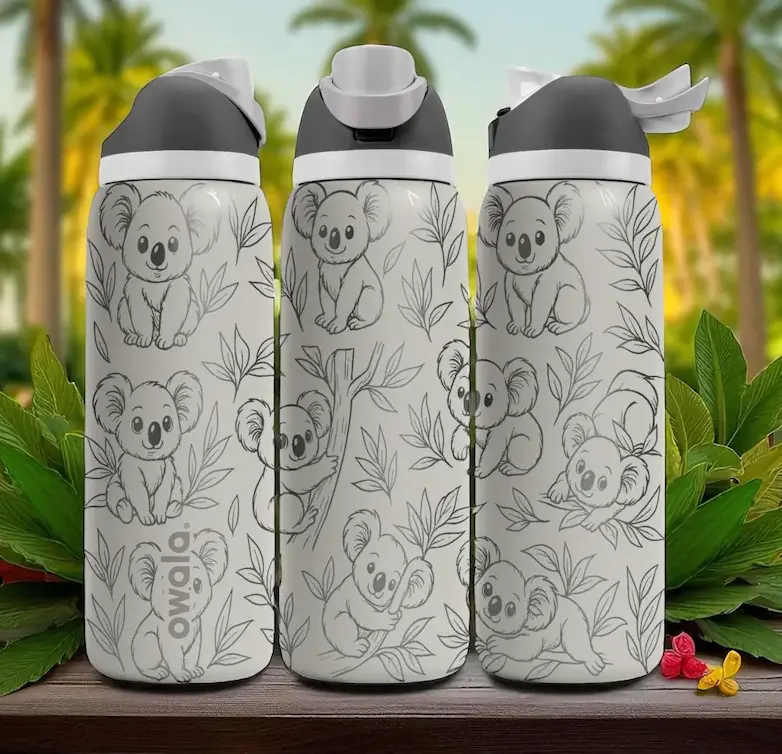 Owala FreeSip 32oz Koala Engraved Water Bottle | Cute Koala & Eucalyptus Leaves Design | Stainless Steel Vacuum Insulated Travel Bottle with Straw Lid