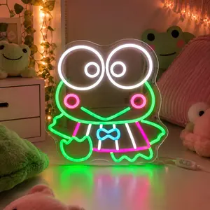 Cute Frog LED Neon Sign - USB-Powered Dimmable Green Wall Light with Pink Cheeks, Blue Bow, Acrylic Backboard, Lightweight Shelf Room Decor, Mood Lighting for Girls, Holidays Birthday Gift