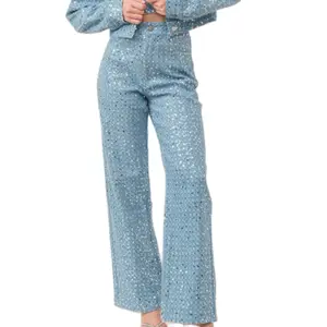 Distressed Sequin Denim Pants - Blue Sequin Pants with Button Front, Button Closure, and Side Slits for Women's Jean Style - Womenswear Fit Bottom Trouser Streetwear