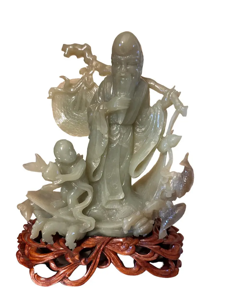 Rare Hand Carved Jade Statue: Man, Child, & Koi Fish on Carved Wooden Stand, 7.8” T, Japanese Sculpture