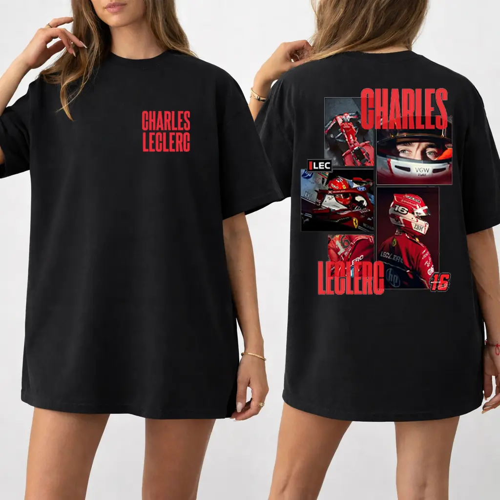 Charles Leclerc Graphic T-Shirt, Racing Driver Fan Shirt, Red Speed Car Collage Print Tee, Oversized Unisex Streetwear Tee, Formula Racing Fan Apparel