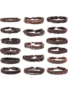 17Pcs Braided Leather Bracelet for Men Women Wooden Beaded Cuff Wrap Bracelet Adjustable