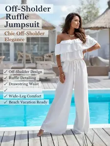 Women's Off Shoulder Ruffle Drawstring Wide Leg Jumpsuit, Short Sleeve Elastic Waist Solid Flowy Beach Vacation Romper, Elegant Cover Up Resort Long Pants Outfit