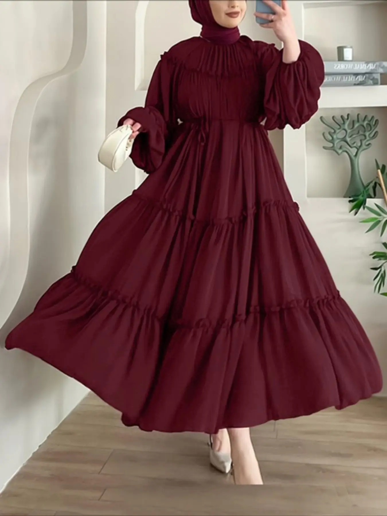 Women's Plain Color Dress, Long Sleeve Belted Waist Pleated Layered Ruffle  Design, Elegant Fitted Commuter for All Seasons, Classy Modest Dresses,  Hijabi Cute Dresses, Modest Style Dress - TikTok Shop