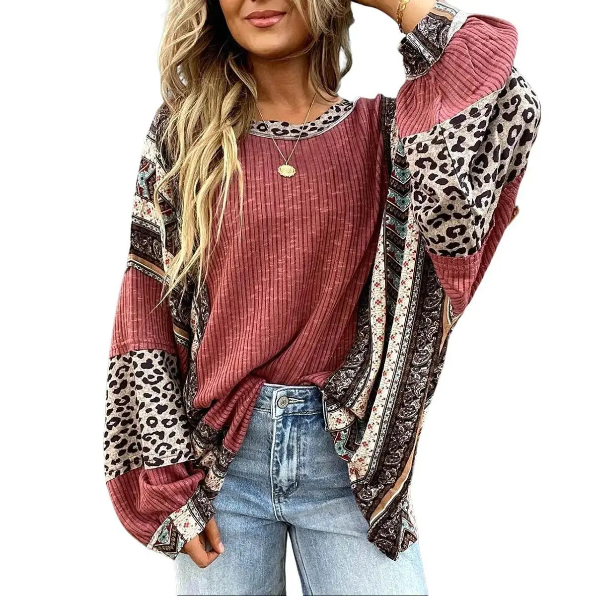 Women's Retro Pullover with Leopard Print, Comfortable Balloon Long Sleeve Design, Breathable Oversized Fit, Basic, Cute, Blouse, Elegant, Style, Statement, Casual, Soft, Top, Fashion, Longsleeves, Printed