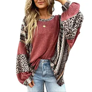 Oversize Womens Loose fit Long Sleeve Oversized Retro Leopard Contrast Patchwork Top