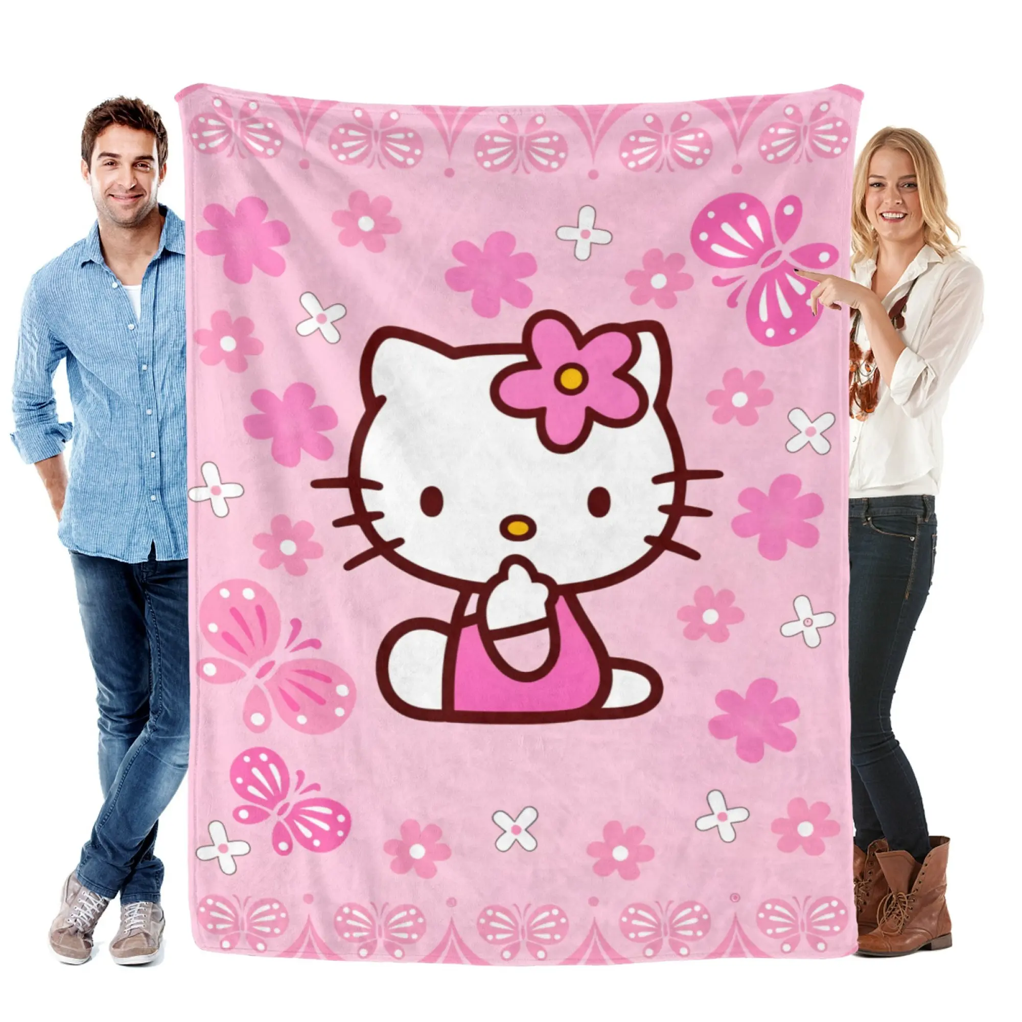 Sanrio Hello Kitty Pink Flannel Blanket - Cozy Style Cute Cartoon Blanket, Room Decor Girly Room Accessories for Girls