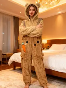 Women's Cartoon Cute Bunny Hooded Dress, Unicorn Design Winter Role Play Onesie, Christmas Party Casual Wear and Pajamas