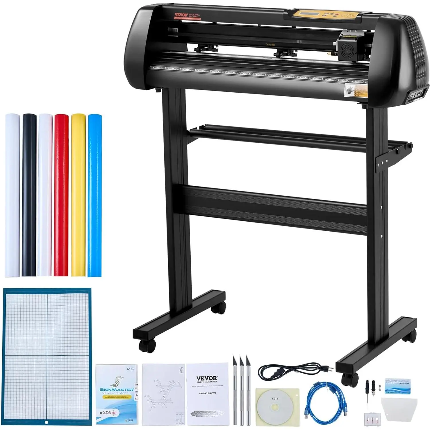 VEVOR 28-Inch Aluminum Vinyl Cutter Machine Bundle - Adjustable Cutting Pressure/Speed, Powerful Stepper Motors, Signmaster Windows Software, 5 Extra Rolls, Ample Accessories - Ideal for DIY Projects, Sign Making, Large Area Vinyl Materials & Labels