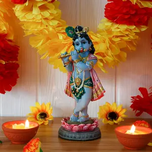 Hindu God Lord Krishna Statue - 8.3”H India Idol Krishna Figurine Puja Item Pooja Gift for Indian Diwali Home Altar Temple Mandir Meditation Room Yoga Studio Spiritual Decors