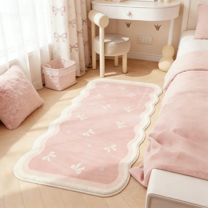 Pink and white bow bedroom bedside, living room sofa area, balcony entrance door, household carpet light pink bow English slogan non-slip water-washable, Decorative area rug, Machine Washable Rug, Home Decorative Rugs